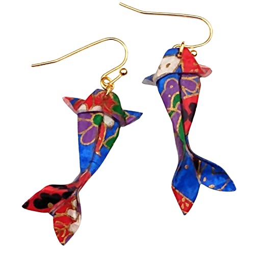 Paper Origami Koi Fish Earrings, 6 Color Patterns - color: Blue Red Purple