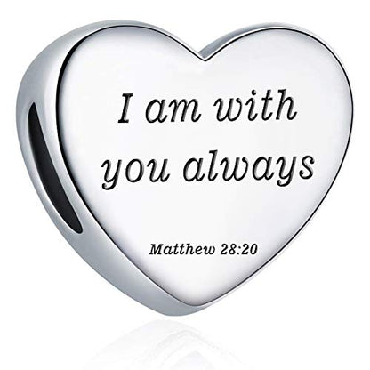Heart Charm Fit Pandora Charms Bracelet Christian Bible Verse Charm Prayer Faith Religious Charms Gifts for Women - style: I am with you always Matthew 28:20