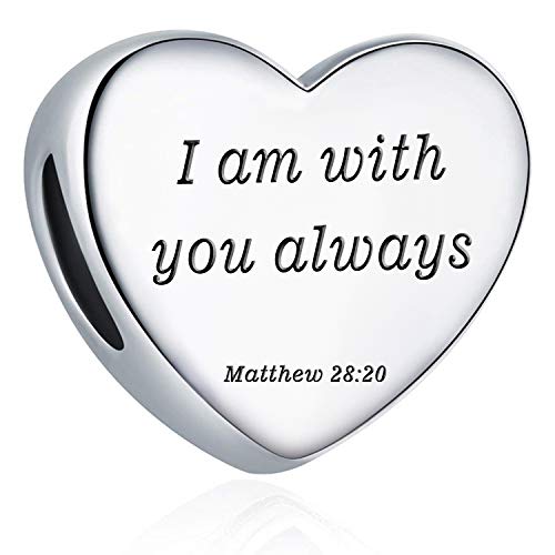 Heart Charm Fit Pandora Charms Bracelet Christian Bible Verse Charm Prayer Faith Religious Charms Gifts for Women - style: I am with you always Matthew 28:20