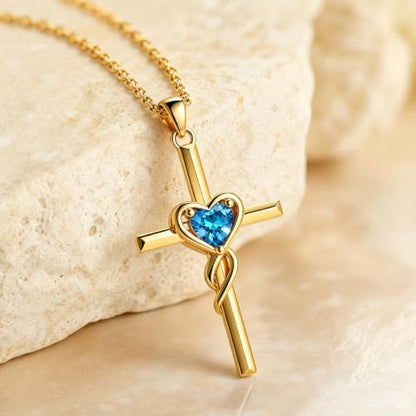 Birthstone Cross Necklace for Women 14K Gold Plated Heart Infinity Cross Pendant Necklace Christian Religious Jewelry Anniversary Birthday Gifts for Wife Mom Her - color: Dec/Blue Topaz