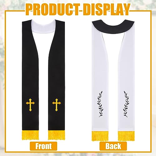 Panitay Embroidered Wedding Reversible Stole with Tassels Clergy Mass Stole with Cross Wedding Pastor Shawl - color: Black and White, style: Trendy