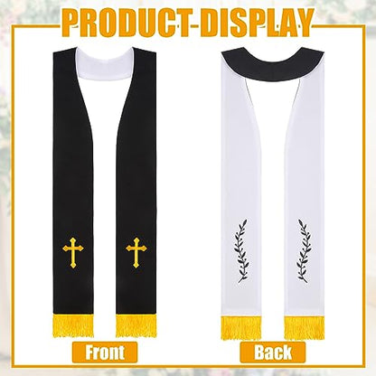 Panitay Embroidered Wedding Reversible Stole with Tassels Clergy Mass Stole with Cross Wedding Pastor Shawl - color: Black and White, style: Trendy