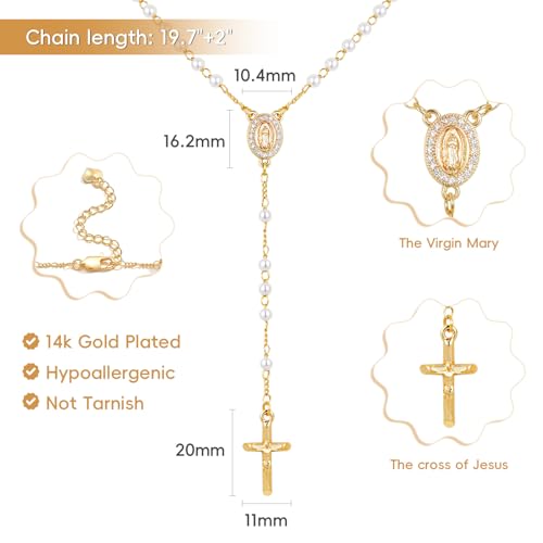 Women's Gold Virgin Mary Necklace, 14k Gold Plated Rosary Bead Cross Chain - style: Pearl-Style 5