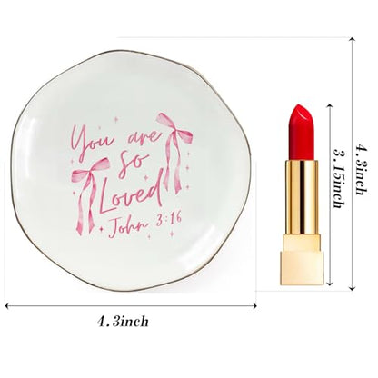 Jewelry Dish Pink Bow Ring Dish, Christian Jewelry Tray, Ceramic Trinket Dish Inspirational Faith Gift for Women, Baptism, Confirmation, Birthday - color: You Are So Loved.
