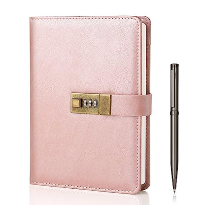 WEMATE Diary with Lock, A5 PU Leather Locked Journal 240 Pages Rose Gold - color: Rose Gold