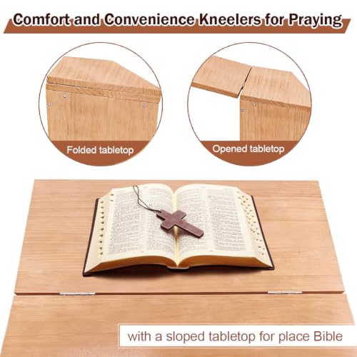 Wooden Prayer Kneeler with Storage Shelf & Cushion - Folding Prayer Bench for Home and Church, Comfortable Kneeling Devotional Pew Bench, 32" H x 22" W