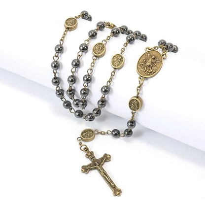 Nazareth Store St Michael Rosary Hematite Stone Beads Necklace Metal Beaded Glory Beads Archangel Medal & Cross with Metal Gift Box - color: Bronze | Jesus Cross