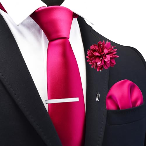Branduce 3.15"（8cm） Mens Tie and Lapel Pin Solid Necktie Handkerchief Tie Clip Set for Men - color: Fuchsia Pink
