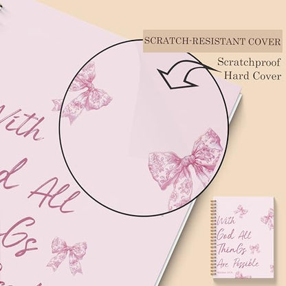 Pink Coquette Bow Christian Spiral Notebooks, With God All Things are Possible Bible Journaling Notebook, Religious Prayer Journal for Woman, Church Notes Notebook, 5.5x8.3 Inches - color: Pink God Bow