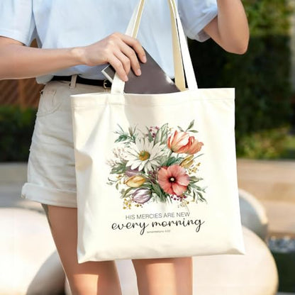 Christian Canvas Tote Bag for Women, Inspirational Faith Shoulder Bag - color: Mercies
