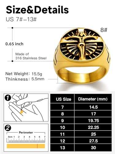 Christian Cross Rings for Men - Stainless Steel Jesus Jewelry with Celtic Knot Sides (Gold/Black/Silver) - Catholic Religious Gift, Size 7-13 - color: L: Gold-Cross