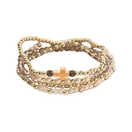 Colorful Cross Charm Bracelets for Women Men Adjustable Gold Plated Beaded Bracelet Boho Bead Ball Stretch Bracelet Birthday Summer Beach Jewelry - color: Grey