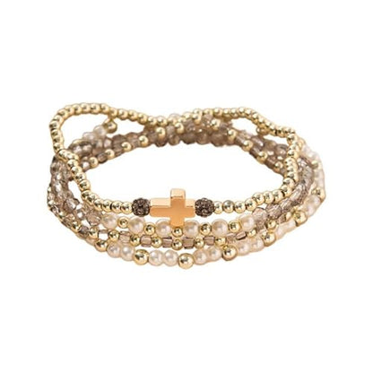 Colorful Cross Charm Bracelets for Women Men Adjustable Gold Plated Beaded Bracelet Boho Bead Ball Stretch Bracelet Birthday Summer Beach Jewelry - color: Grey