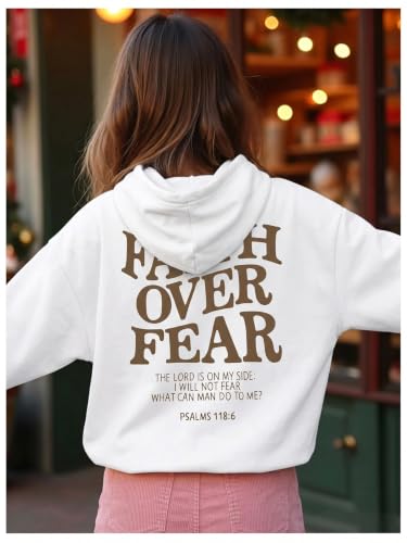 BANGELY Faith Over Fear Hoodie Girl's Christian Sweatshirt Long Sleeve Tops - color: White, size: 13-14 Years
