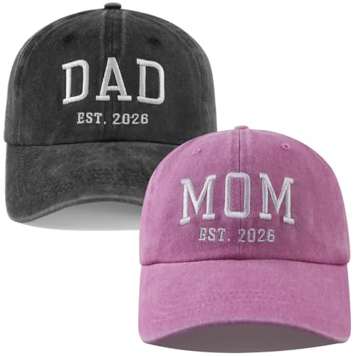 2PCS Dad and Mom EST 2026 Hats for Men Women, New Parents Gifts Cap - color: Pink Black