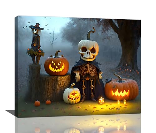 Halloween Wall Art Skeleton Pictures Wall Decor Pumpkin Bat Canvas Painting Modern Artwork Home Decoration for Living Room Bathroom Bedroom Office Framed 20"x16" - color: Skeleton, size: 20"L x 16"W