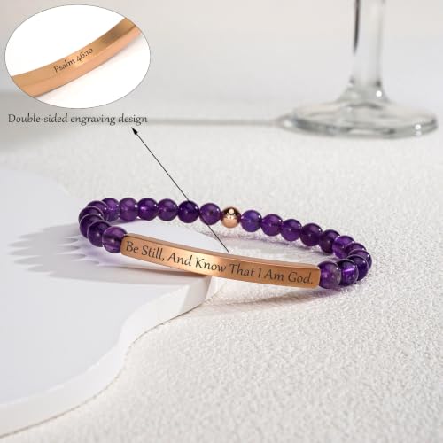 Amethyst Christian Bracelet for Women, 18K Gold Plated Bible Verse Jewelry, Inspirational Religious Faith Gift, Scripture Jewelry for Encouragement & Strength - color: Be still, and know that I am God-Amethyst Rose Gold