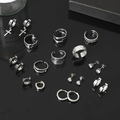 NEWITIN 37 Pieces Silver Jewelry Set for Men Stainless Steel Cross Jewelry - color: Silver