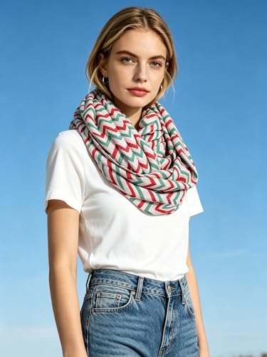Lina & Lily Holiday Christmas Pattern Print Women's Infinity Scarf Lightweight - color: Red Green White, Chevron