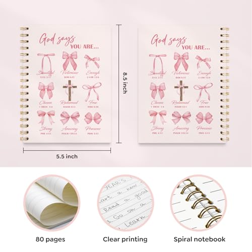 Bible Pink Bow Notebook Journal for Women, Christian Girl Energy Journal, Christian Study Notebook, Cute Preppy Bible Study Spiral Notebook for Bible Notes 5.5 x 8.3 - color: Pink God Says