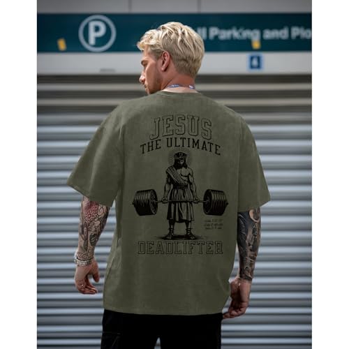 Mens Oversized Christian Shirts Jesus Faith Shirt Funny Gym Graphic Tees God Religious Bible Verse Acid Wash Tshirts - color: Army Green, size: 3X-Large