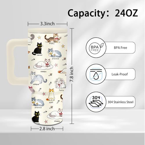 24oz Cute Cat Tumbler with Handle & Straw, Gift For Cat Lovers - color: Cat7