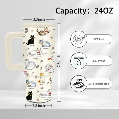 24oz Cute Cat Tumbler with Handle & Straw, Gift For Cat Lovers - color: Cat7