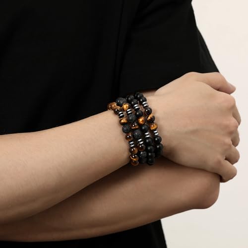 Mens Beaded Bracelets, 8MM Beaded Bracelets for Men, Natural Tiger Eye Bead Bracelet, Stretch Elastic Beads Bracelets for Men - color: 4 black yellow volcanic stone