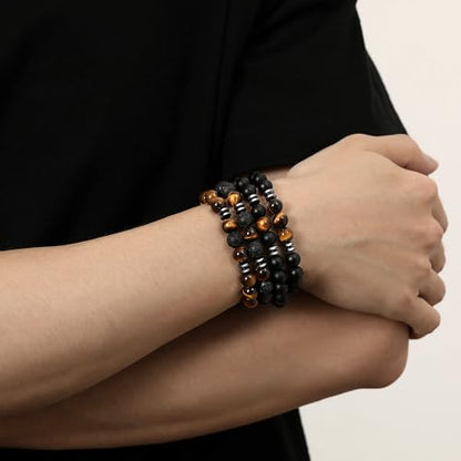 Mens Beaded Bracelets, 8MM Beaded Bracelets for Men, Natural Tiger Eye Bead Bracelet, Stretch Elastic Beads Bracelets for Men - color: 4 black yellow volcanic stone