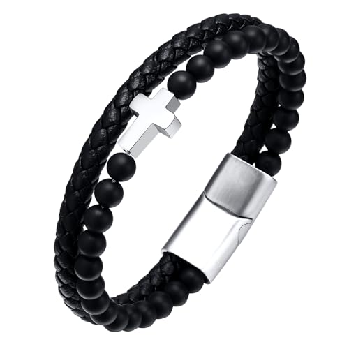 Mens Cross Bead Braided Genuine Leather Bracelet, Black Gemstone Agate Onyx Beaded Rosary Obsidian Bangle, Faith Religious Easter Catholic Christian Communion Baptism Christmas Jewelry Gift for Men - color: Silver