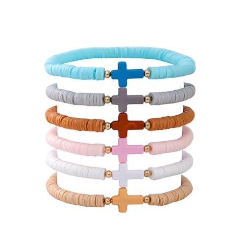 Fuqimanman2020 6 Pcs Cross Clay Beaded Bracelets Colorful Christian Cross Bracelets for Women - color: B