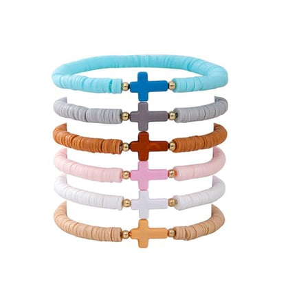 Fuqimanman2020 6 Pcs Cross Clay Beaded Bracelets Colorful Christian Cross Bracelets for Women - color: B