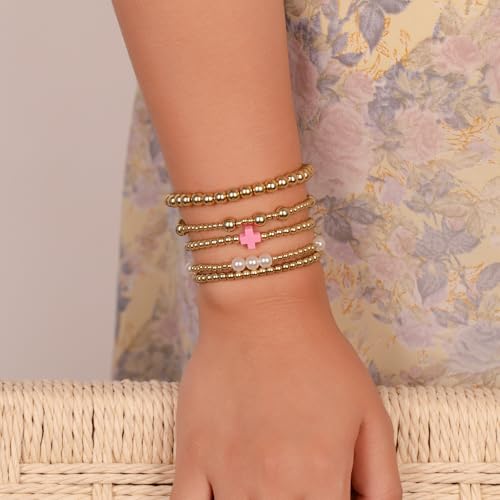 Gold Beaded Pearl Cross Bracelets Stackable Christian Stretch Jewelry Set - color: Hot Pink