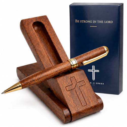 Wooden Christian Pen & Holder with Engraved Cross – Faith Gift For Christian Men and Women. Pastor Appreciation. Religious Pen Desk Accessory.