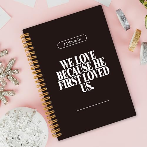 Black Christian Notebook, Black and White Modern Bible Verse Prayer Journal Supplies For Office, Inspirational Bible Scripture Spiral Church Notes Notebook 5.5x8.3 Inch - color: 1 John 4:19