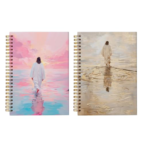bitCNY Jesus Walking on Water Notebook Set, Christian Spiral Journals 859 - color: Pink Sunset and Neutral Gold