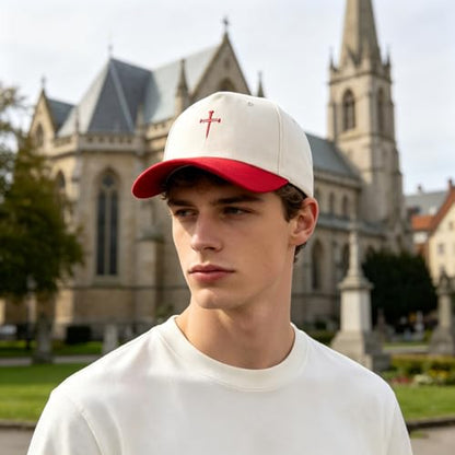 Embroidered Christian Two-Tone Baseball Cap for Men & Women, Adjustable Dad Hat Christmas Easter Gift - color: Jesus 3 Nail Cross Shape, Red/Beige