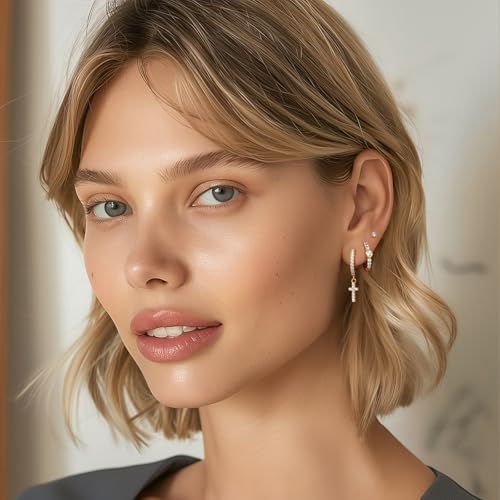 Angelady Gold Hoop Earrings Set for Women, Dainty 14K Gold Plated Flower Moon Cross Dangle Earrings, Hypoallergenic Huggie Hoop Earring Stacks, Stud Earrings for Women Trendy Jewelry Gift - color: Gold,Cross Earrings