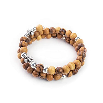 Logos Trading Post Olive Wood Catholic Rosary Bracelet from the Holy Land - style: OW & Silver w/ Virgin Mary