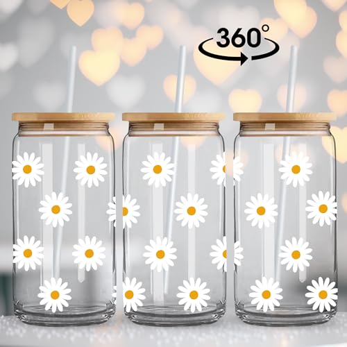 Cute Glass Cups with Lids and Straws, Daisy Flower Iced Coffee Smoothie Matcha Cup Tumbler Christmas Birthday Gifts for Women Sister Friend Her Preppy Teenage Girls Teen Girl Gifts Trendy Stuff Things