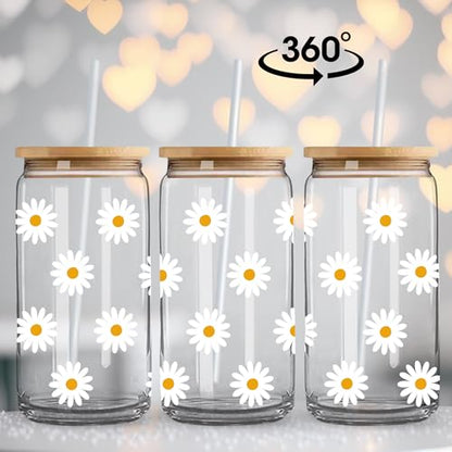 Cute Glass Cups with Lids and Straws, Daisy Flower Iced Coffee Smoothie Matcha Cup Tumbler Christmas Birthday Gifts for Women Sister Friend Her Preppy Teenage Girls Teen Girl Gifts Trendy Stuff Things