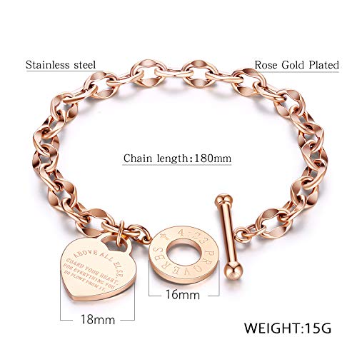 Heart Charm Bracelet for Women 14K Gold/Silver/Rose Gold Tone Stainless Steel Bible Verse Engraved OT Clasp Link Bracelets - color: rose gold