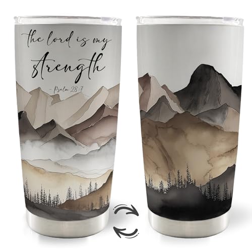 Christian 20oz Travel Coffee Mug Tumbler, Christian Gifts for Women Men, the Lord Is My Strength Bible Verse Mountain Landscape Stainless Steel Tumbler with Lid and Straw - color: strength