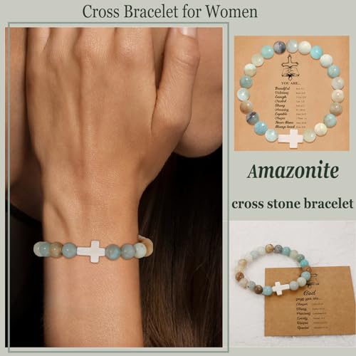 COLOYAN 9Pcs Cross Natural Stone Beaded Stretch Bracelets for Women - color: B-amazonite