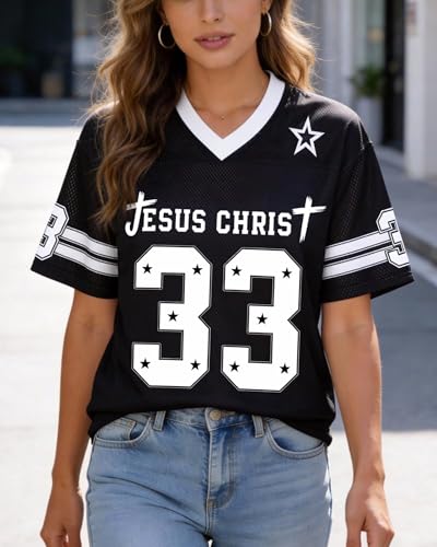 CHAIRAY Jesus Jersey Christian Football Jersey 33 Y2k Baggy Shirts Oversized V Neck Tee Tops for Women Men - color: 01 Black, size: Large