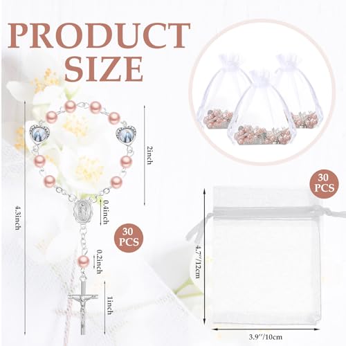 Misdary 30 Sets Baptism Mini Rosary with Organza Bags Faux Pearls Baptism Rosary Favors for Guests Catholic Finger for Christening Weddings Party Favors First Communion Gift(Pink) - color: Pink