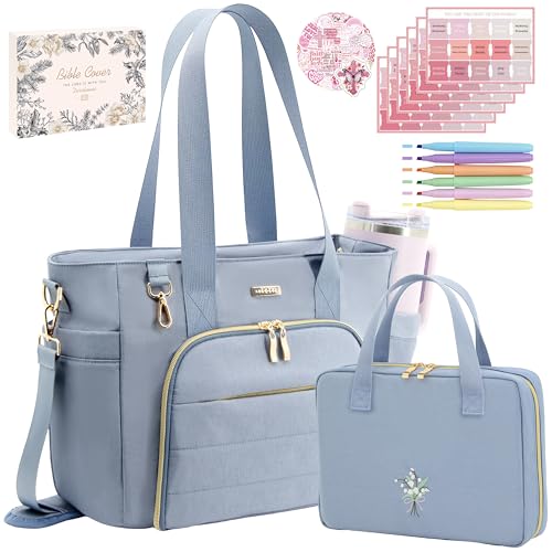 Large Bible Bag for Women, 2-in-1 Bible Tote with Detachable Embroidered Bible Cover & Study Supplies, Church Bible Study Bag, Gift-Ready Christian Gift for Women (Blue) - color: Blue