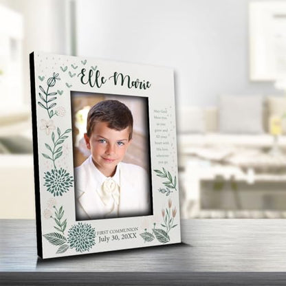 BELLA BUSTA-Personalize -Baptism, Dedication, Confirmation, First Communion Theme Picture Frame-Keepsake from Godparents, Friends, Family-UV Print Frame (Green and Taupe (5x7 Vertical)) - color: Green and Taupe (5x7 Vertical)