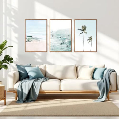 CHDITB Coastal Palm Tree Framed Wall Art, Seaside Beach Surfing Posters - color: Ocean, size: 24"L x 36"W