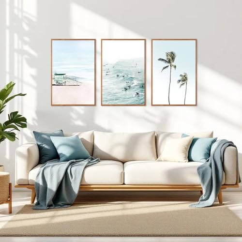 CHDITB Coastal Palm Tree Framed Wall Art, Seaside Beach Surfing Posters - color: Ocean, size: 24"L x 36"W